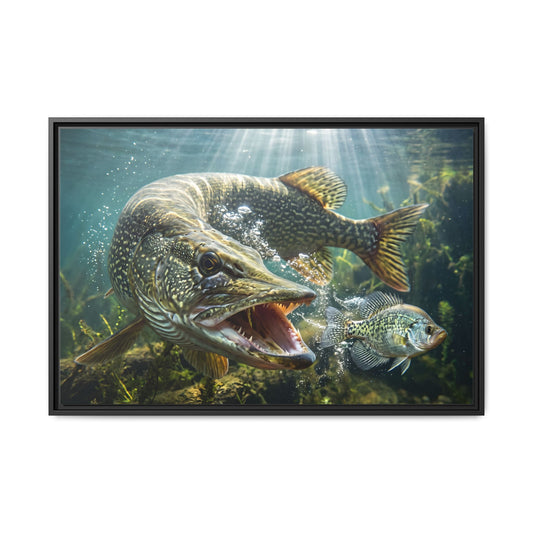 Northern Pike Predator Strike Framed Canvas — Ready-to-Hang Wall Art for Anglers