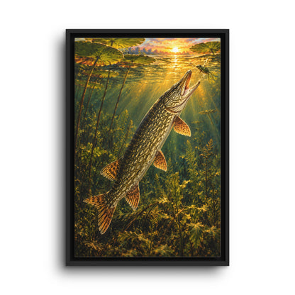 Golden Hour Northern Pike Painting framed canvas wall art, view 2