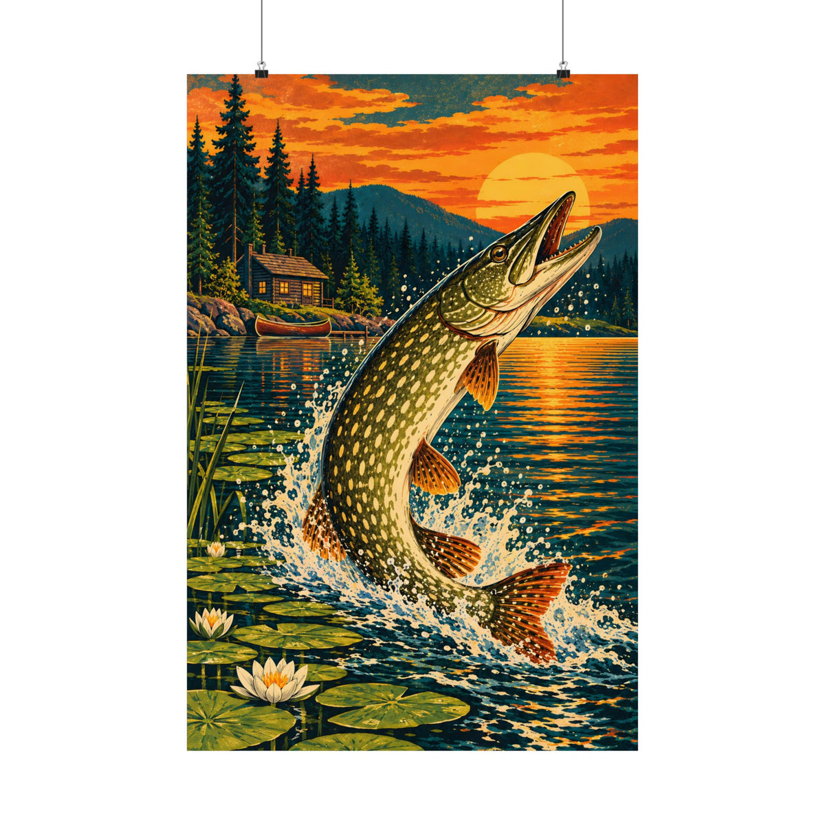 Northern Pike Sunset Leap Vintage vertical poster wall art, 24x36 size view