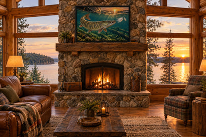 Framed muskie figure-eight wall art above a stone fireplace in a log cabin overlooking a lake at sunset