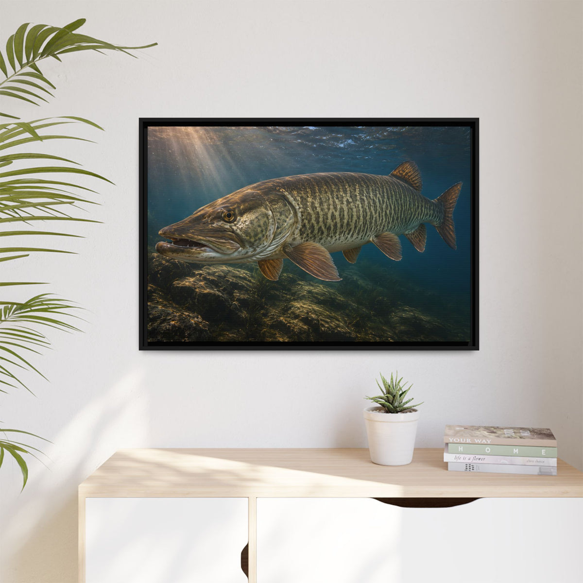 Toothy Close-Up Backlit Muskie framed canvas hanging in a living room