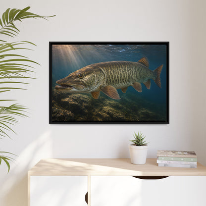 Toothy Close-Up Backlit Muskie framed canvas hanging in a living room