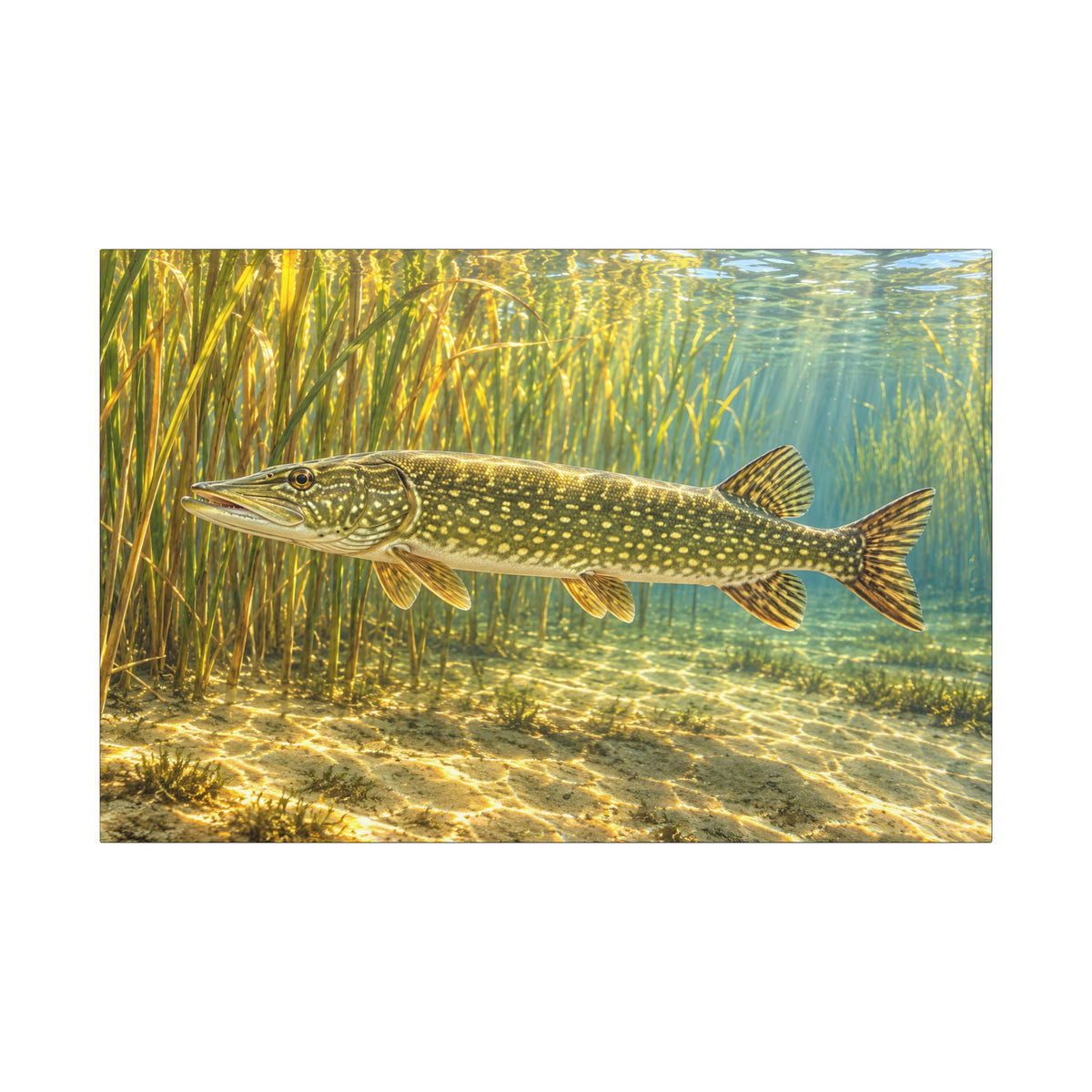 Sunlit Reed Edge Northern Pike canvas, 36x24 size view