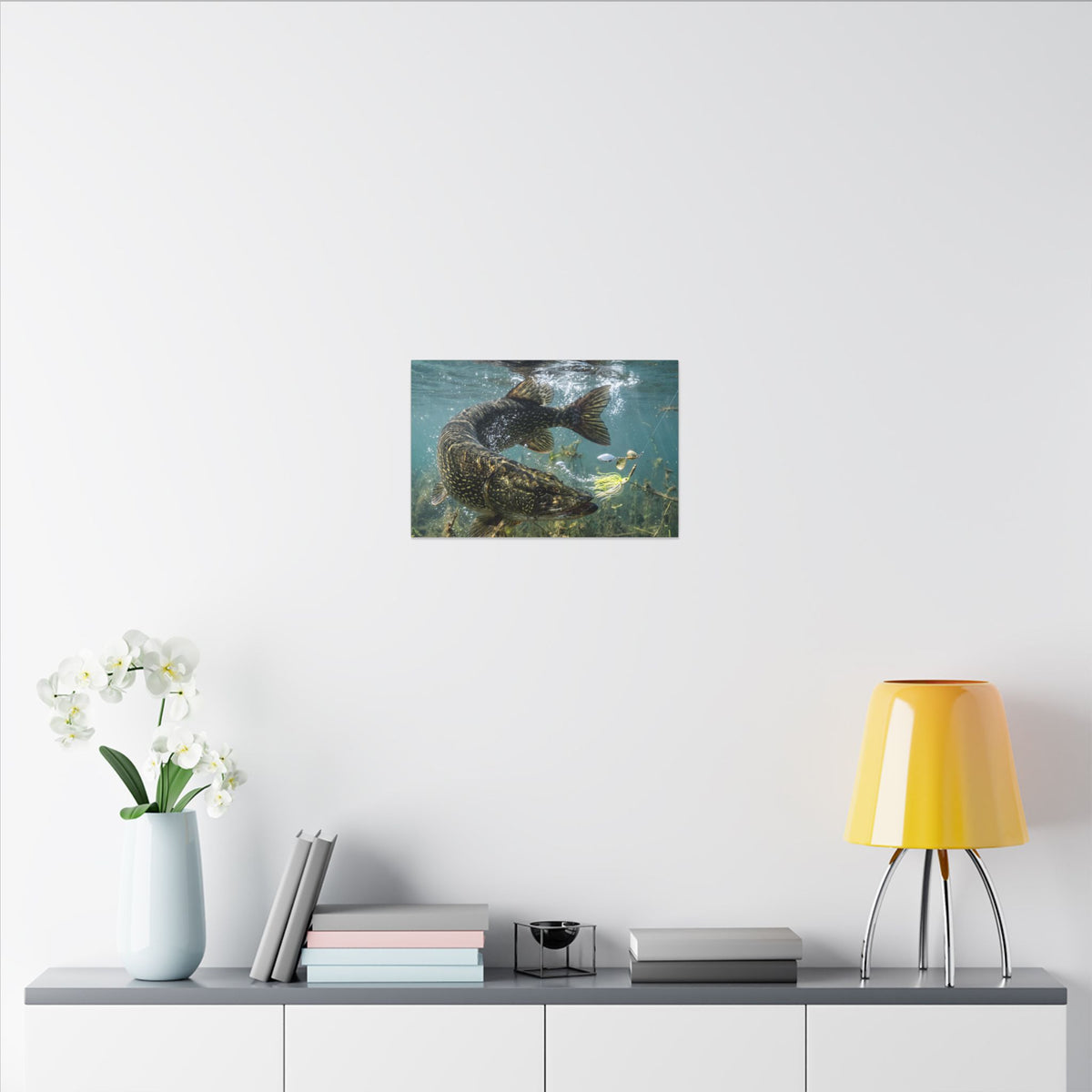 Northern Pike Turning Strike Canvas — Action Wall Art for Anglers