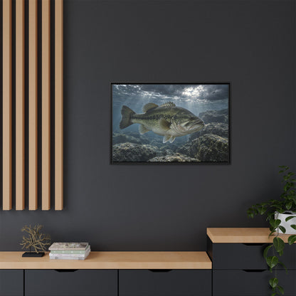 Silver Before the Storm Largemouth Bass framed canvas in a home office