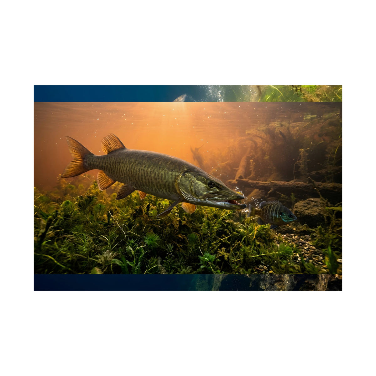 Golden Sunset Muskie Ambush Poster — Trophy Underwater Wall Art for Anglers