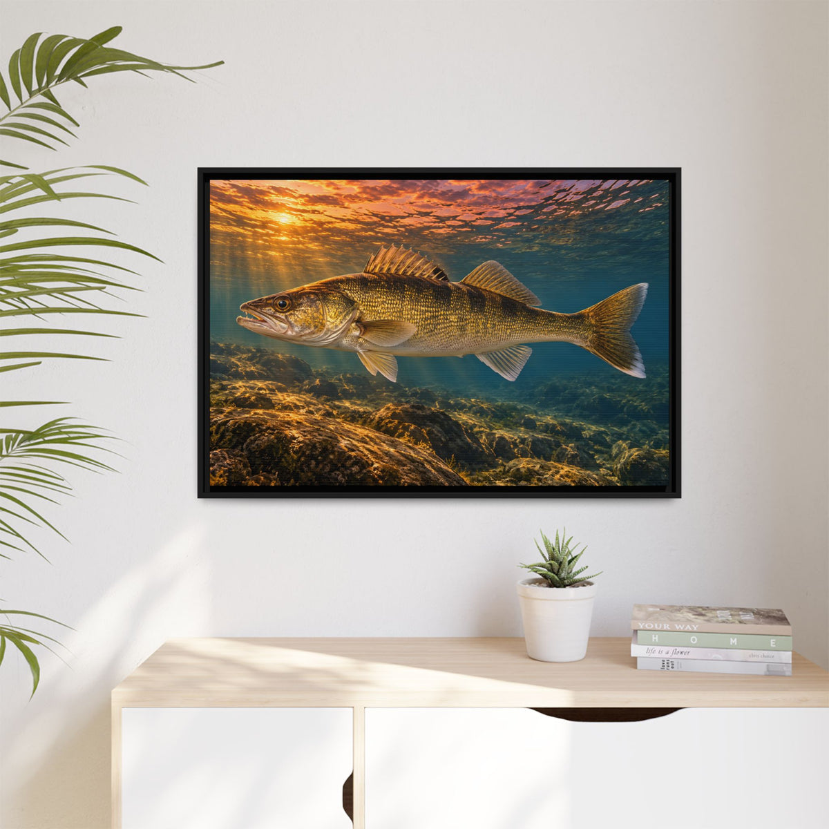 Last Light Walleye framed canvas hanging in a living room