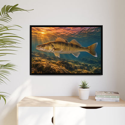 Last Light Walleye framed canvas hanging in a living room