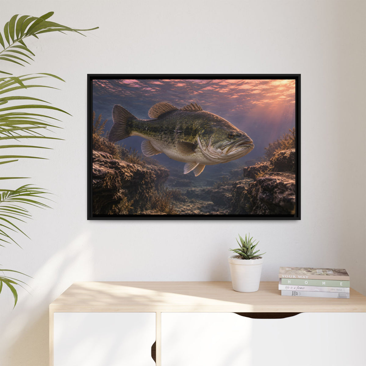 Rose-Gold Dusk Channel Largemouth Bass framed canvas hanging in a living room