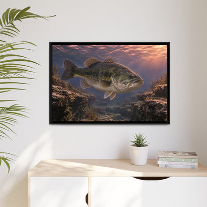 Rose-Gold Dusk Channel Largemouth Bass framed canvas hanging in a living room