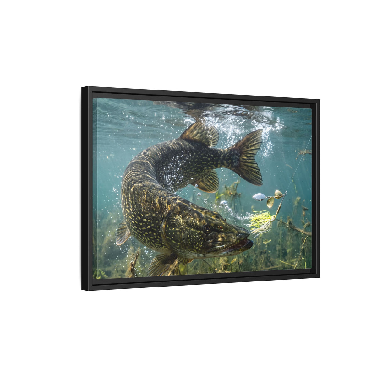 Northern Pike Turning Strike Framed Canvas — Ready-to-Hang Wall Art for Anglers