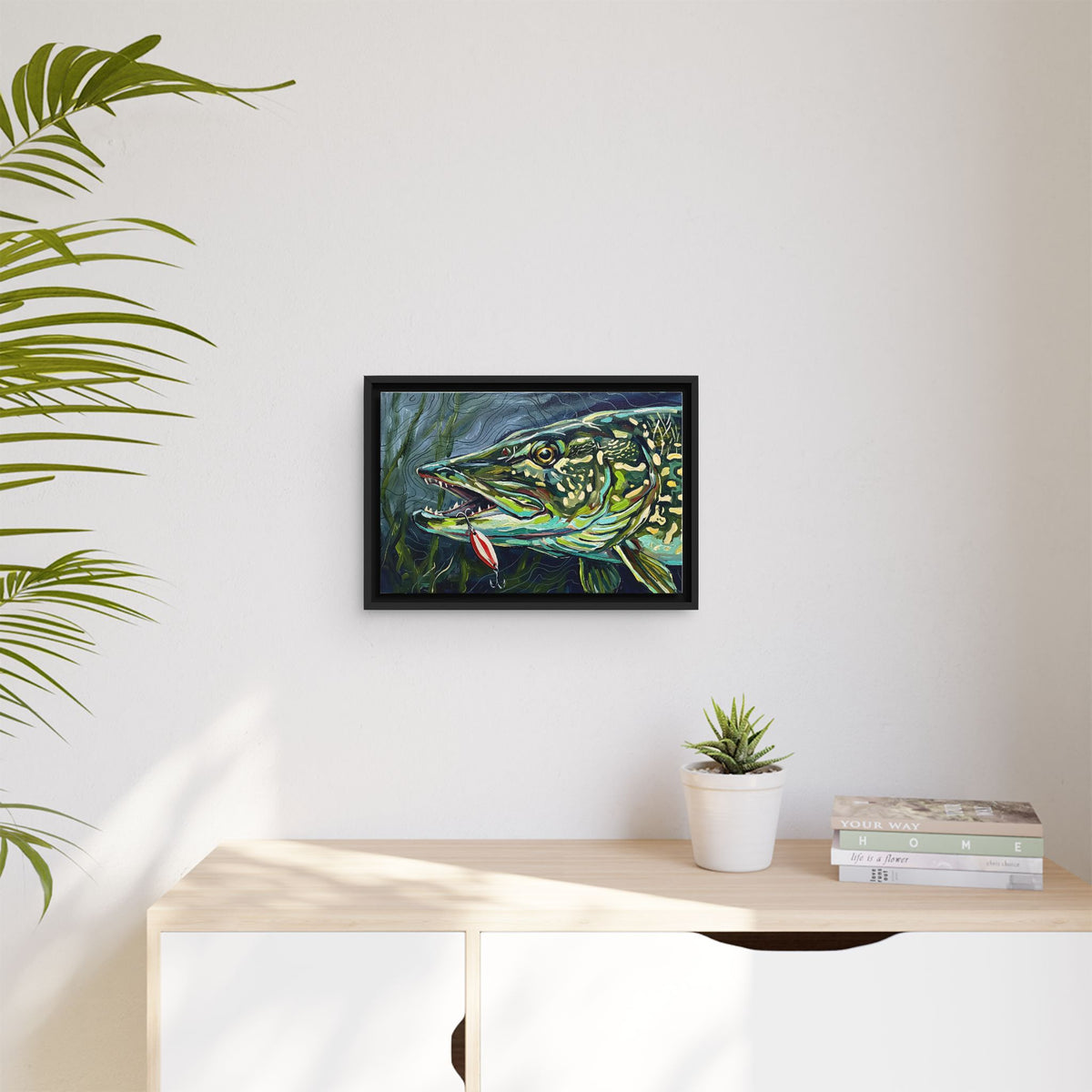Legends Bold Close-Up Weed-Line Northern Pike framed canvas wall art, view 5