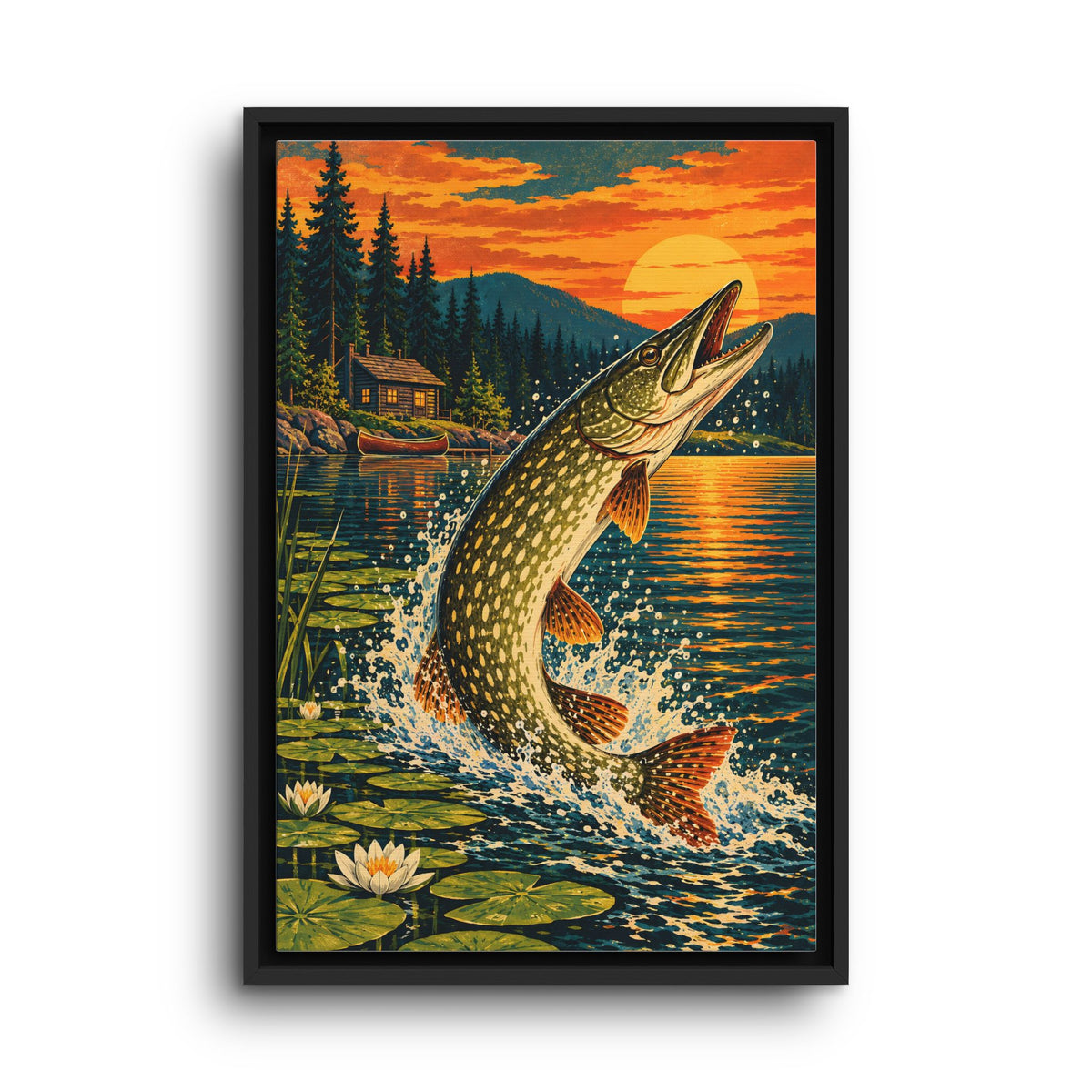 Northern Pike Sunset Leap Vintage framed canvas wall art, view 2