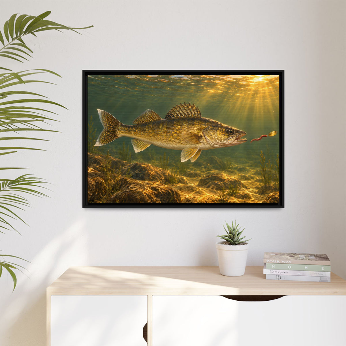 Crawler Harness Strike Walleye framed canvas hanging in a living room