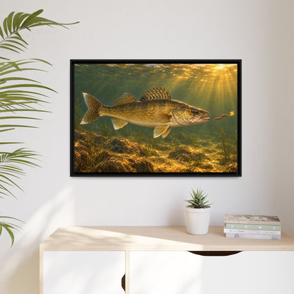 Crawler Harness Strike Walleye framed canvas hanging in a living room