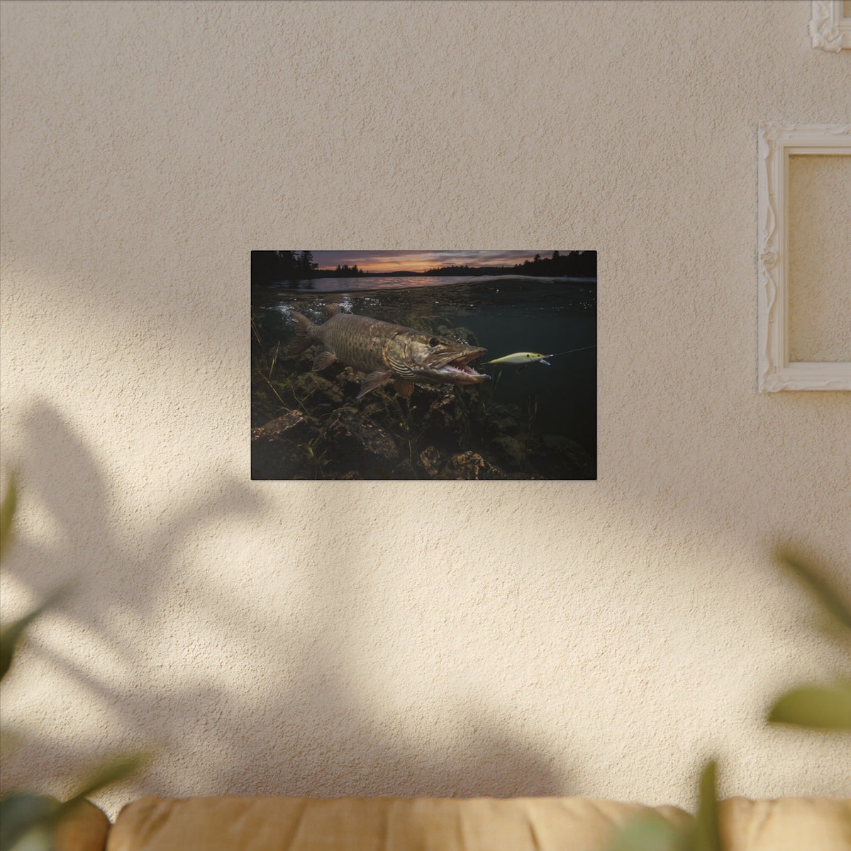 Chartreuse Sunset Jerkbait Strike Muskie canvas hanging in a living room