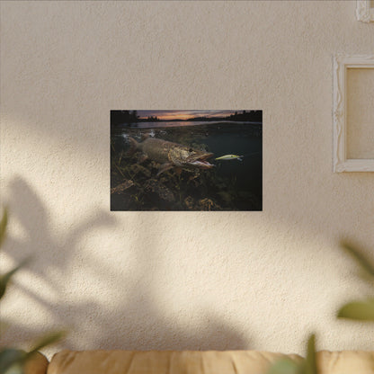 Chartreuse Sunset Jerkbait Strike Muskie canvas hanging in a living room