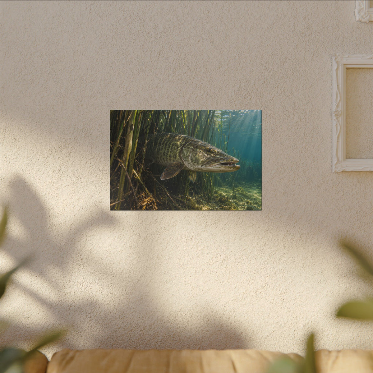 Reeds Mouth Open Muskie canvas hanging in a living room