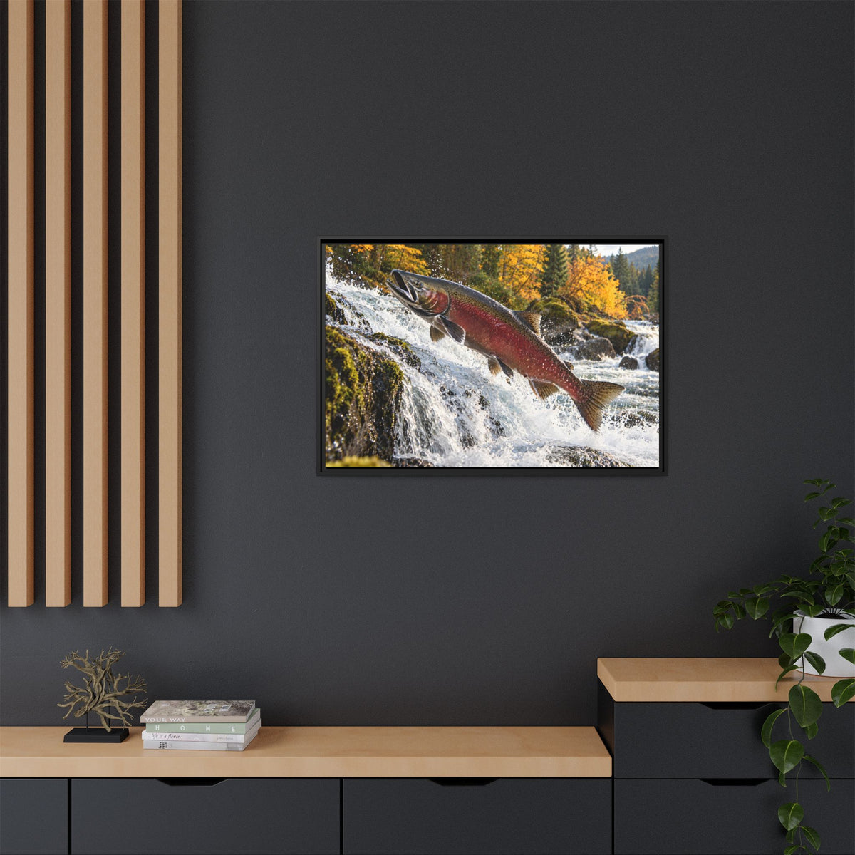 Autumn Run Leap Coho Salmon framed canvas in a home office