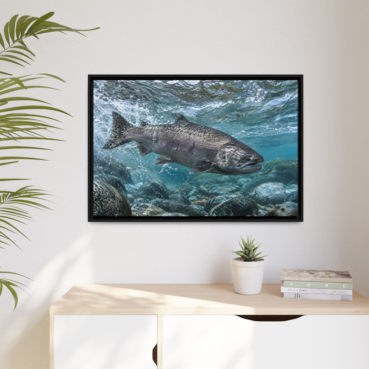 Leap of the King Chinook Salmon framed canvas wall art, view 5