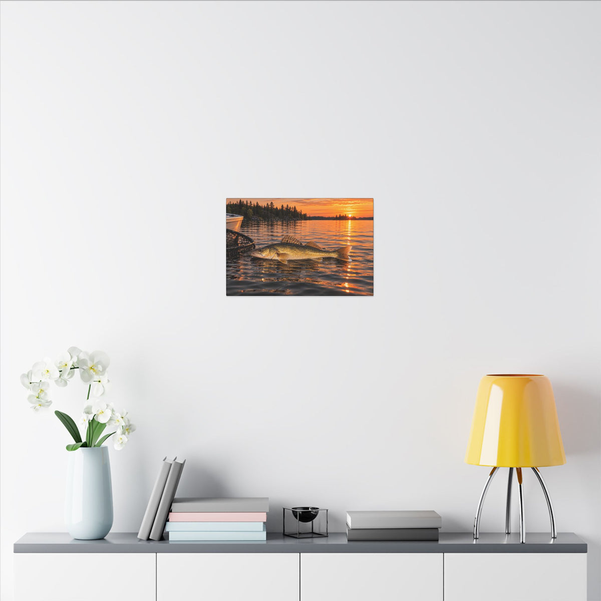 Boatside Golden Hour Walleye canvas in a home office