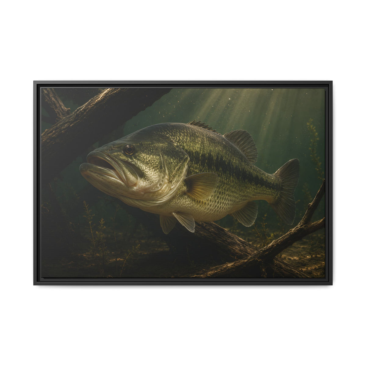 Timber Ambush Largemouth Bass framed canvas, 18x12 size view