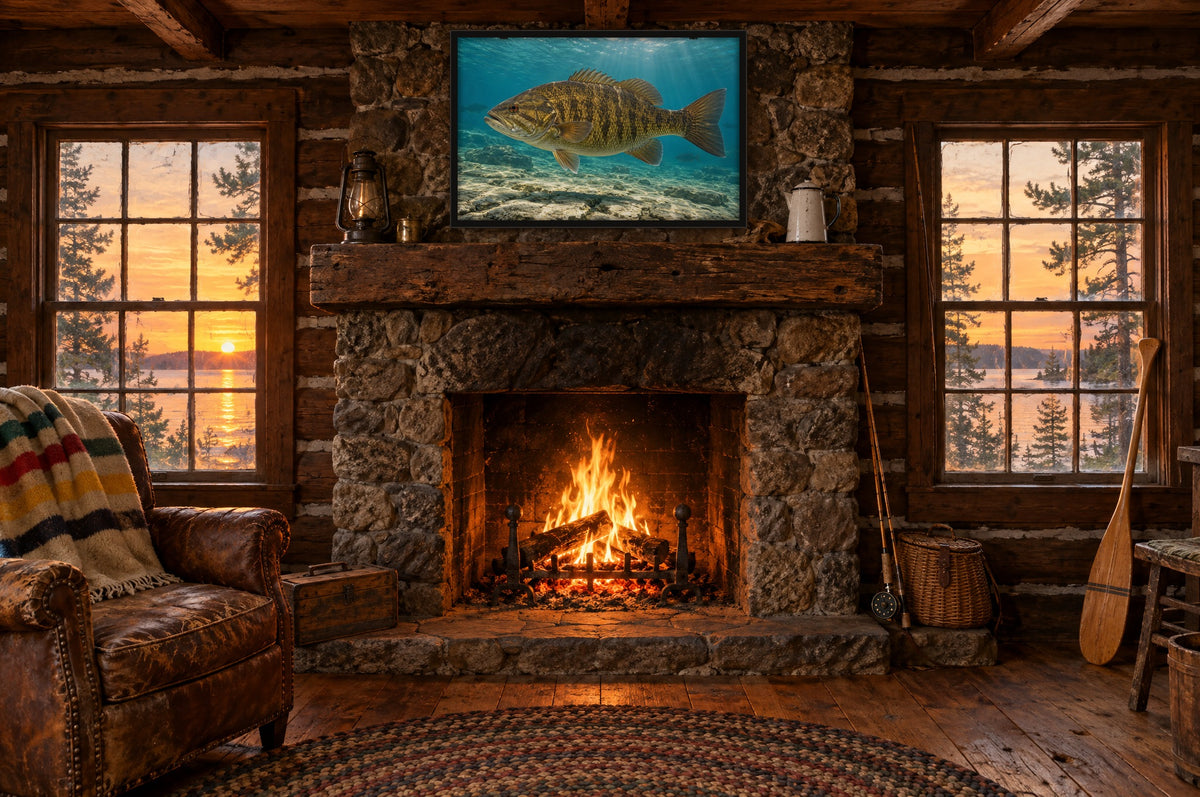 Framed smallmouth bass wall art above a fieldstone fireplace in a vintage log fishing cabin at sunset