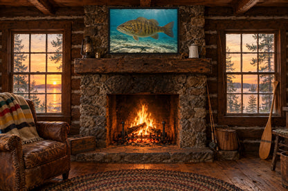 Framed smallmouth bass wall art above a fieldstone fireplace in a vintage log fishing cabin at sunset