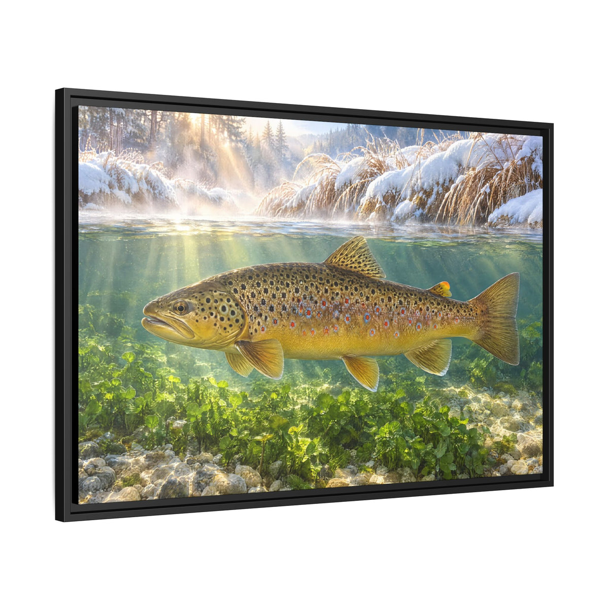 Winter Spring Creek Brown Trout framed canvas side angle
