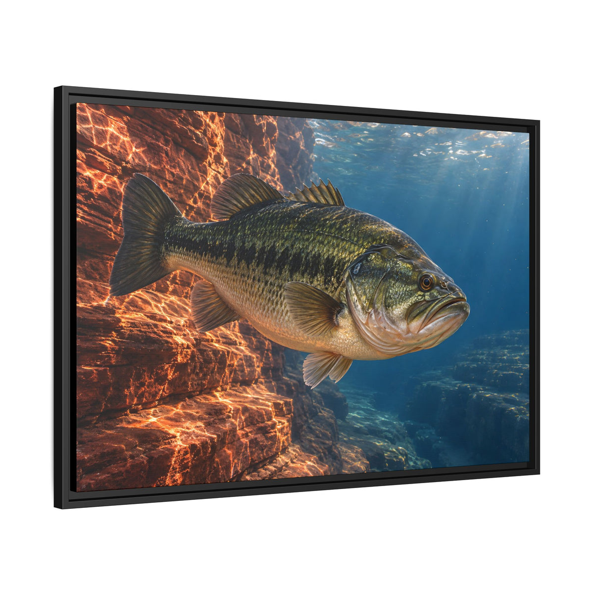 Rust-Red Canyon Glow Largemouth Bass framed canvas side angle