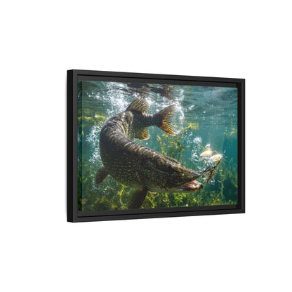 Northern Pike Spinnerbait Strike Framed Canvas — Ready-to-Hang Wall Art for Anglers