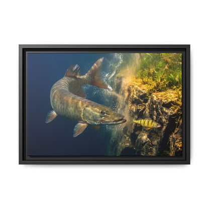 Muskie Drop-Off Chase framed canvas, 24x16 size view