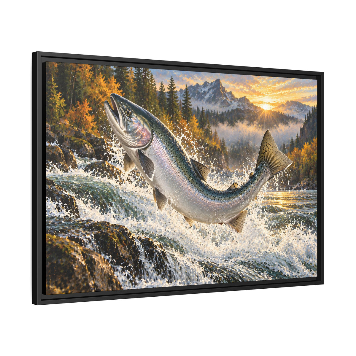 Sunrise Leap Coho Salmon framed canvas, side angle