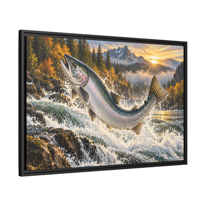 Sunrise Leap Coho Salmon framed canvas, side angle