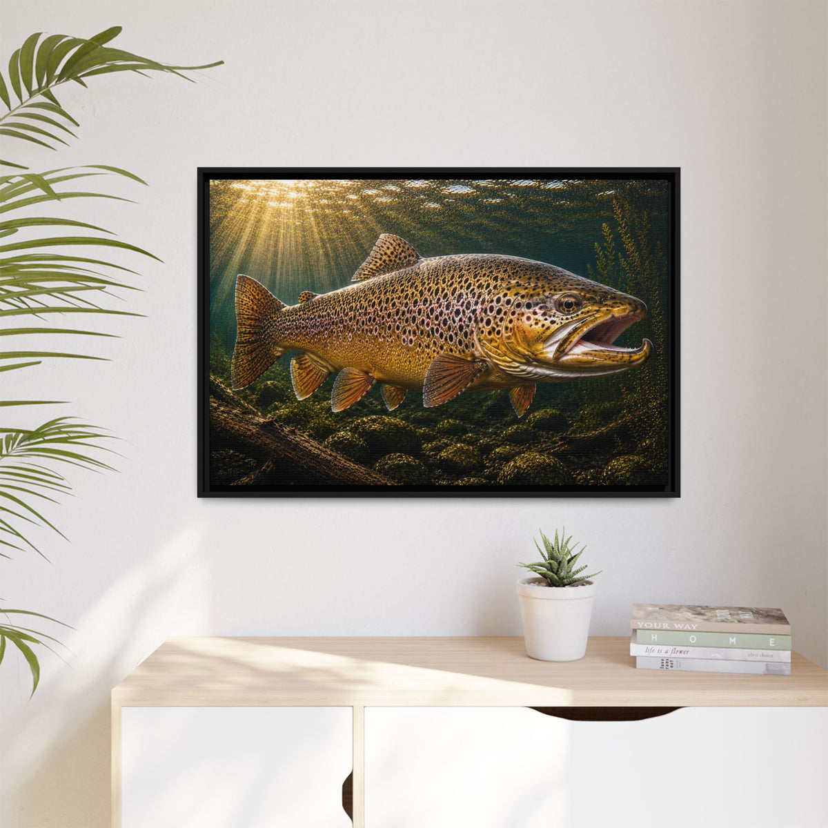 Over the Rocks at Sunrise Brown Trout framed canvas wall art, view 5