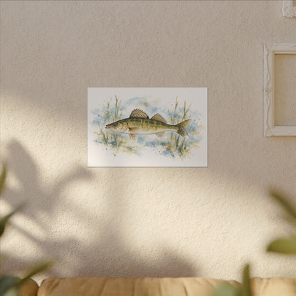 Watercolor Reeds Walleye canvas hanging in a living room
