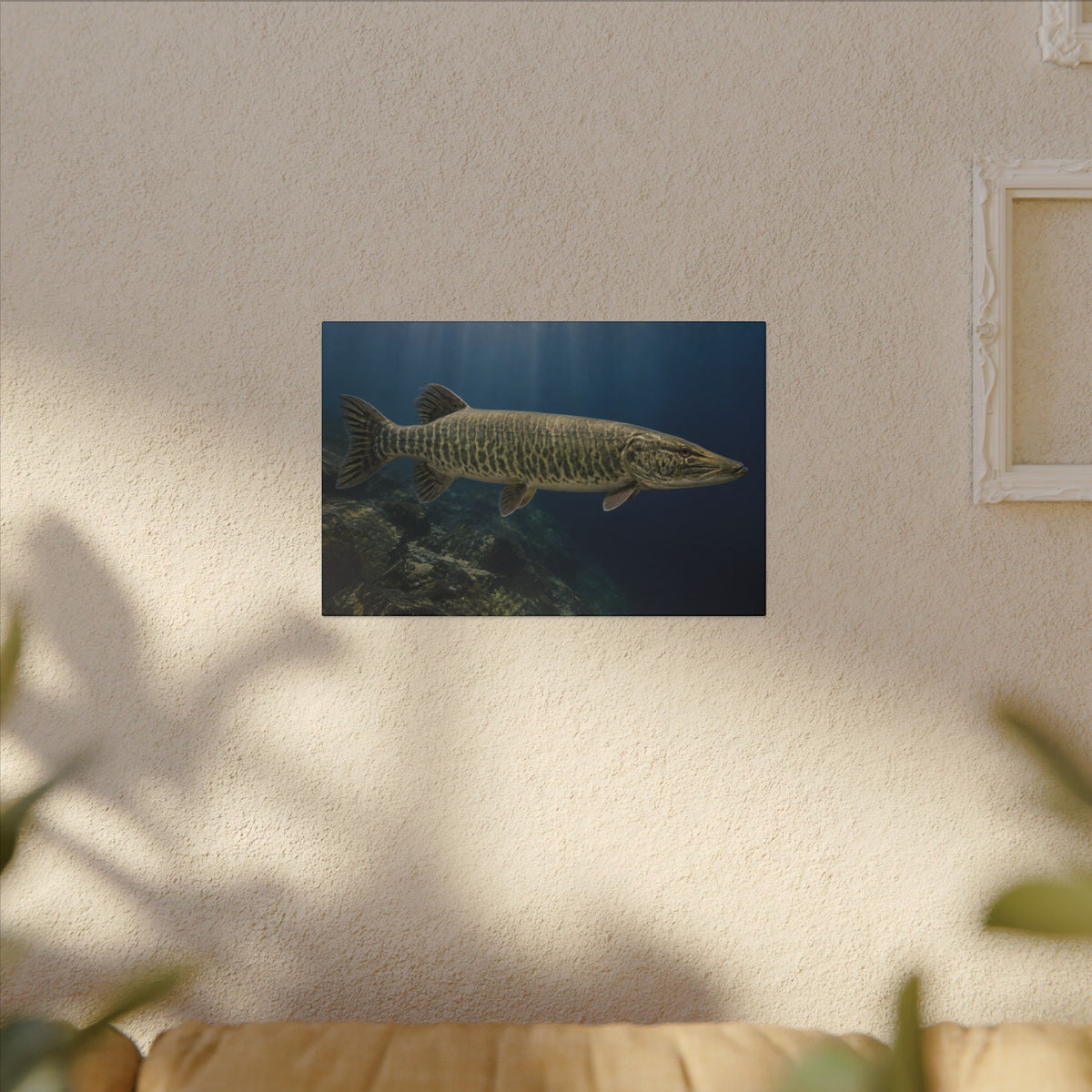 Blue Water Muskie Cruiser canvas hanging in a living room