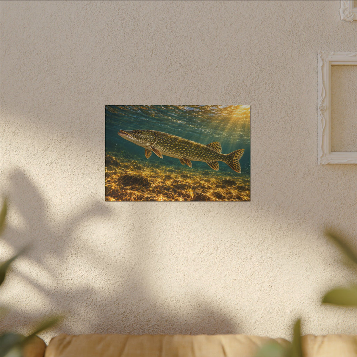 Golden Current Northern Pike canvas hanging in a living room