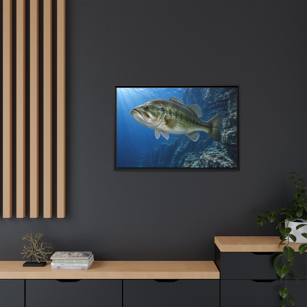 Cobalt Cliff Patrol Largemouth Bass framed canvas in a home office