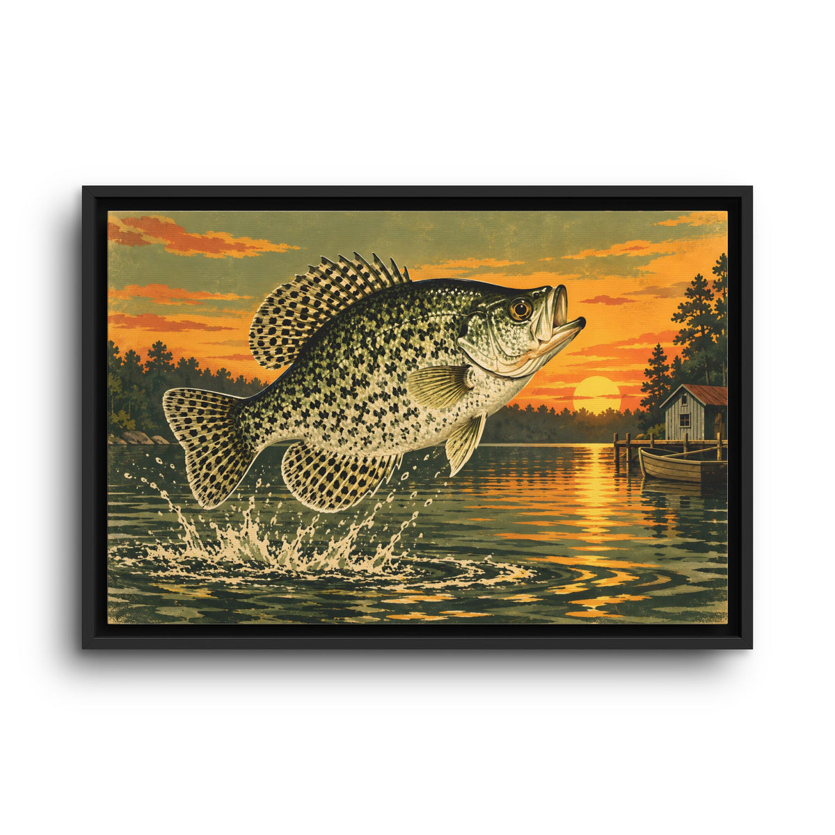 Sunset Camp Crappie framed canvas wall art, view 2