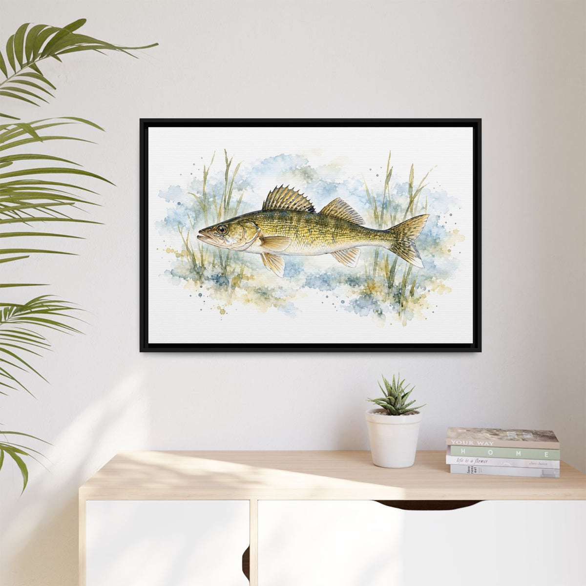 Watercolor Reeds Walleye framed canvas hanging in a living room