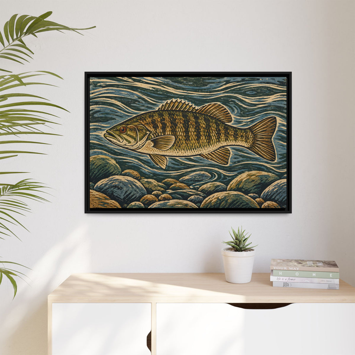 Woodcut River Smallmouth Framed Canvas wall art, view 5
