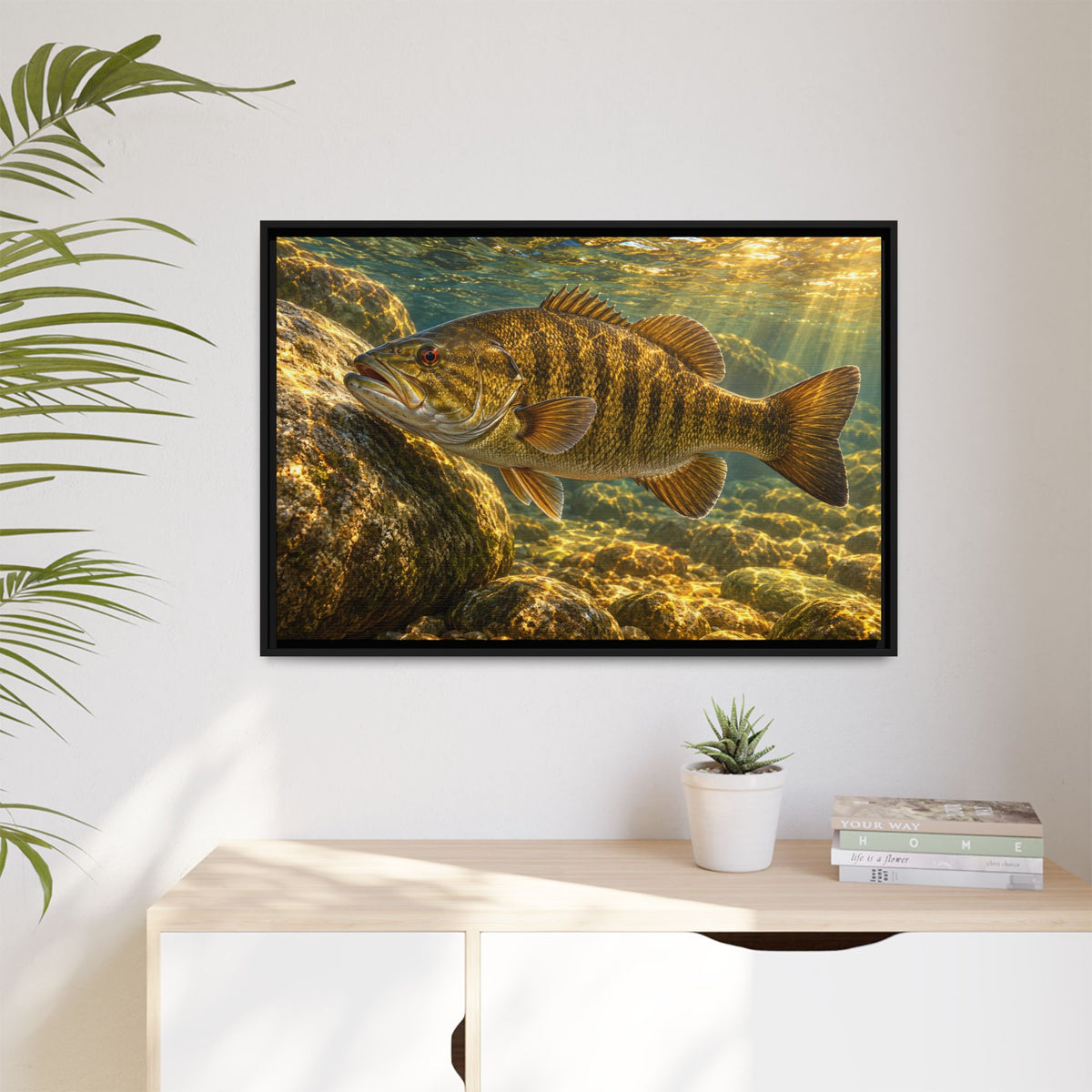 Golden Boulder Smallmouth framed canvas hanging in a living room