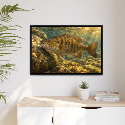Golden Boulder Smallmouth framed canvas hanging in a living room