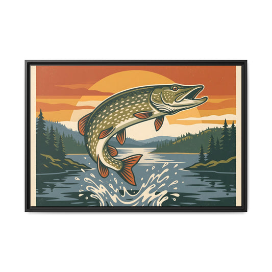 Vintage Lodge Northern Pike framed canvas, 18x12 size view