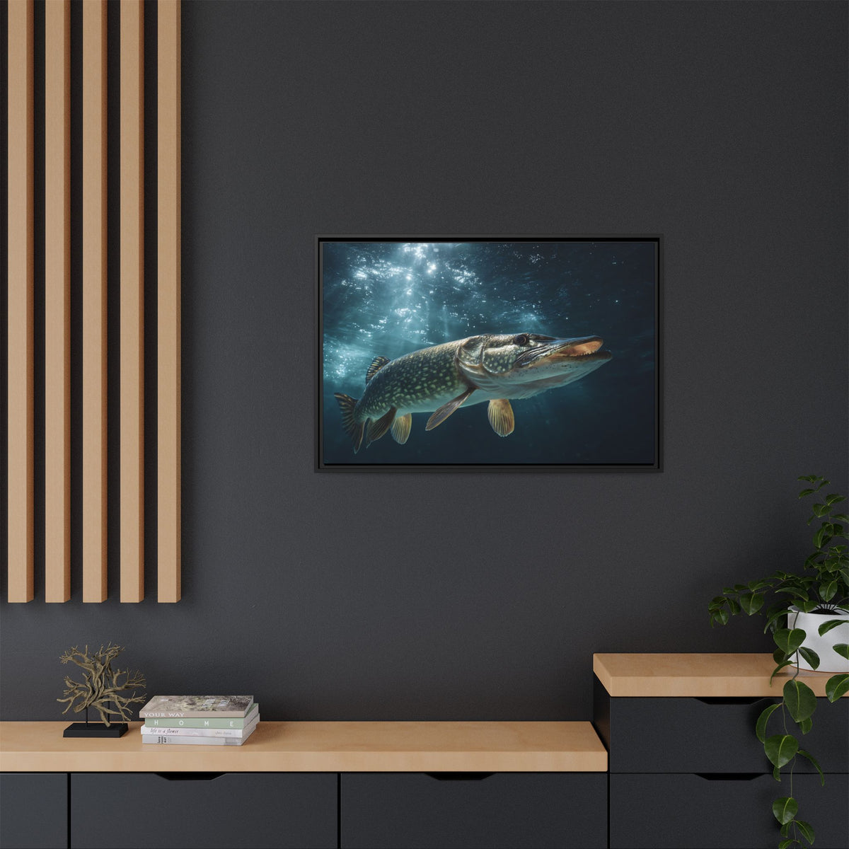 Emerging from the Deep Northern Pike framed canvas in a home office