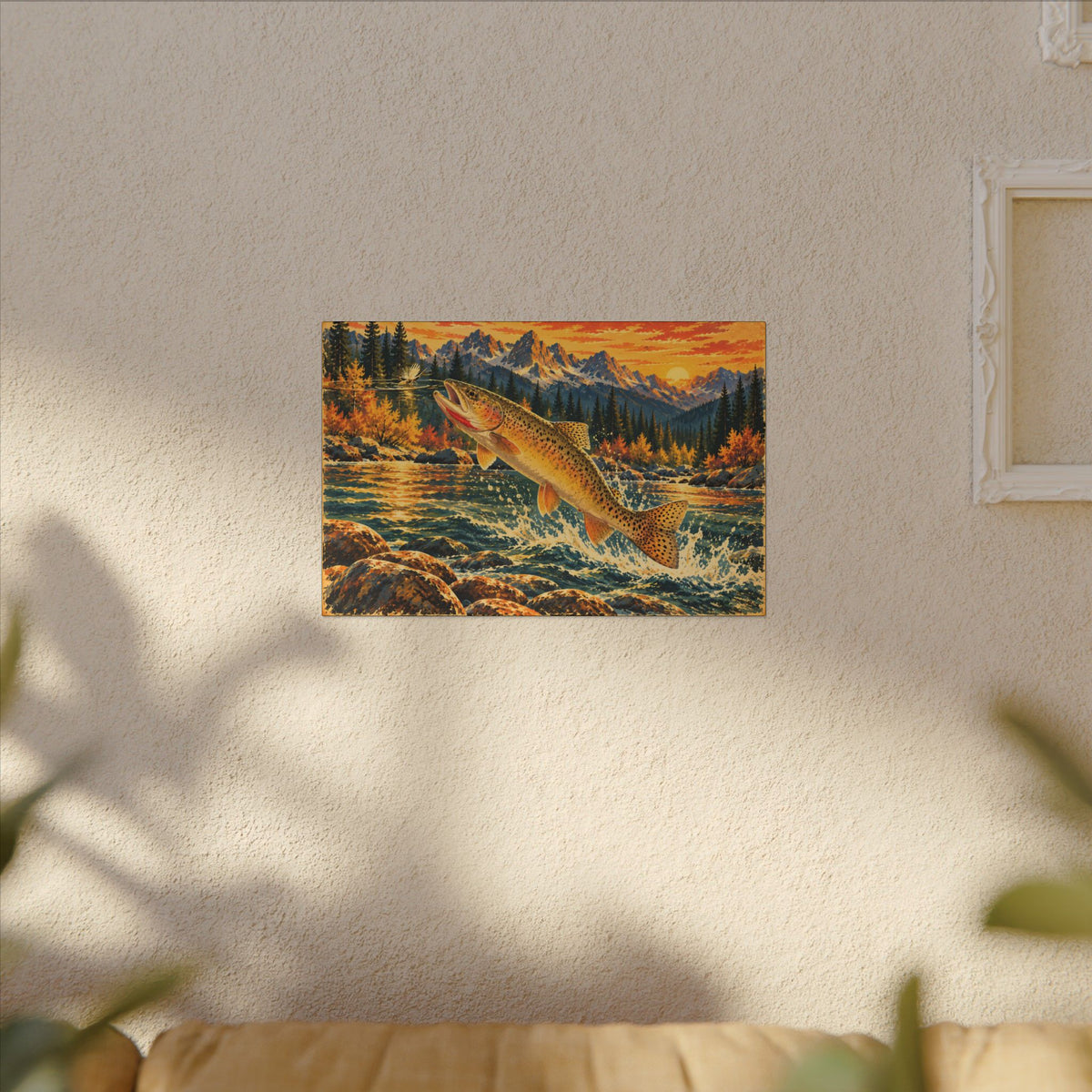 Idaho Wilderness Cutthroat Trout canvas hanging in a living room