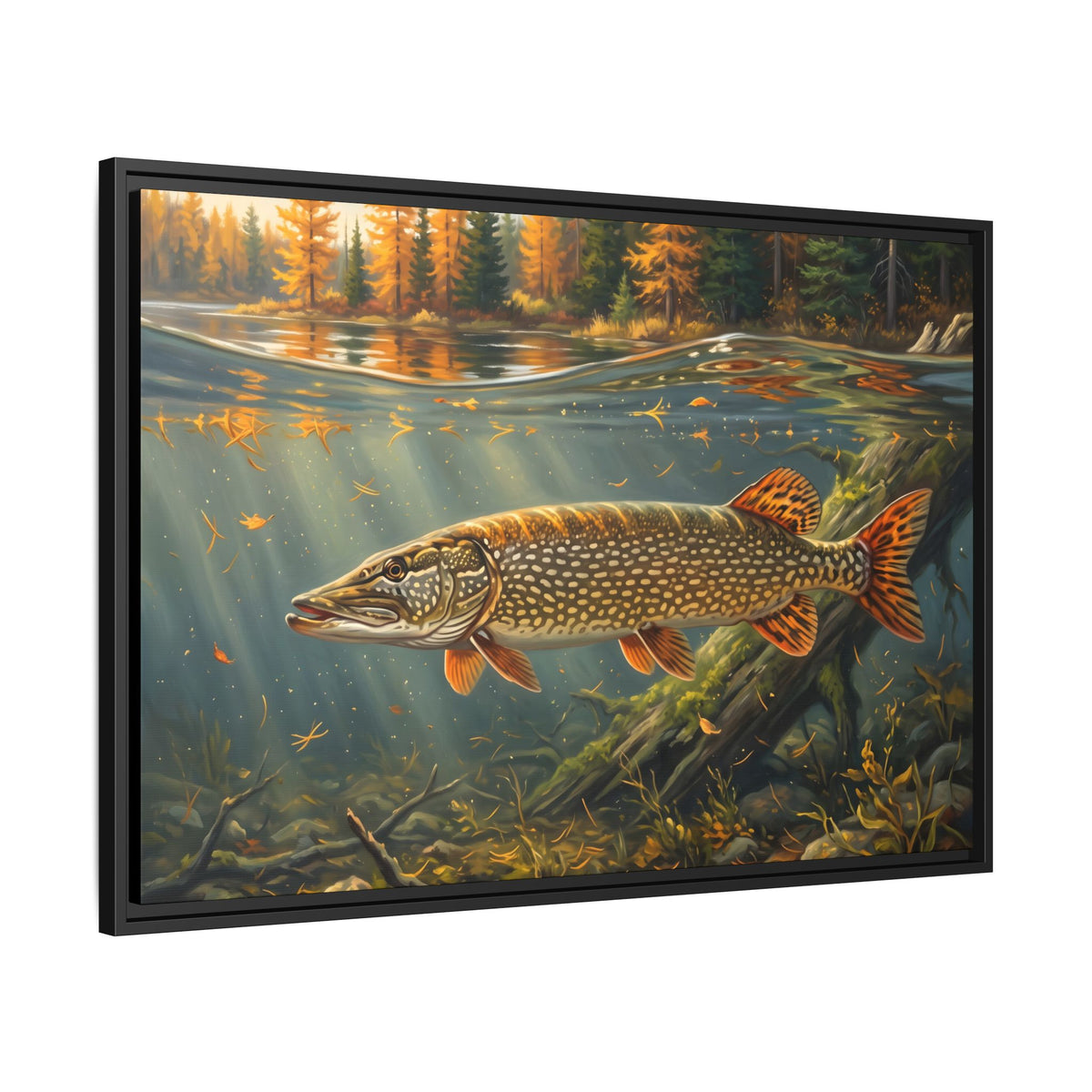 Tamarack Gold Northern Pike framed canvas, side angle
