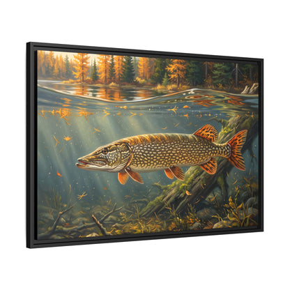 Tamarack Gold Northern Pike framed canvas, side angle