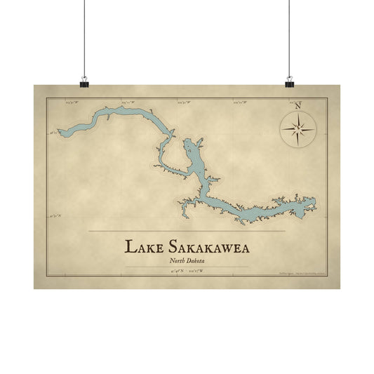 Lake Sakakawea Vintage Map poster wall art